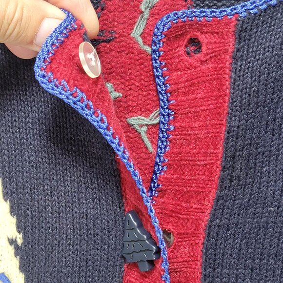 Vintage Christmas Cardigan Sweater Womens L 3D Hand Embroidered Trees Buttons - Picture 5 of 15